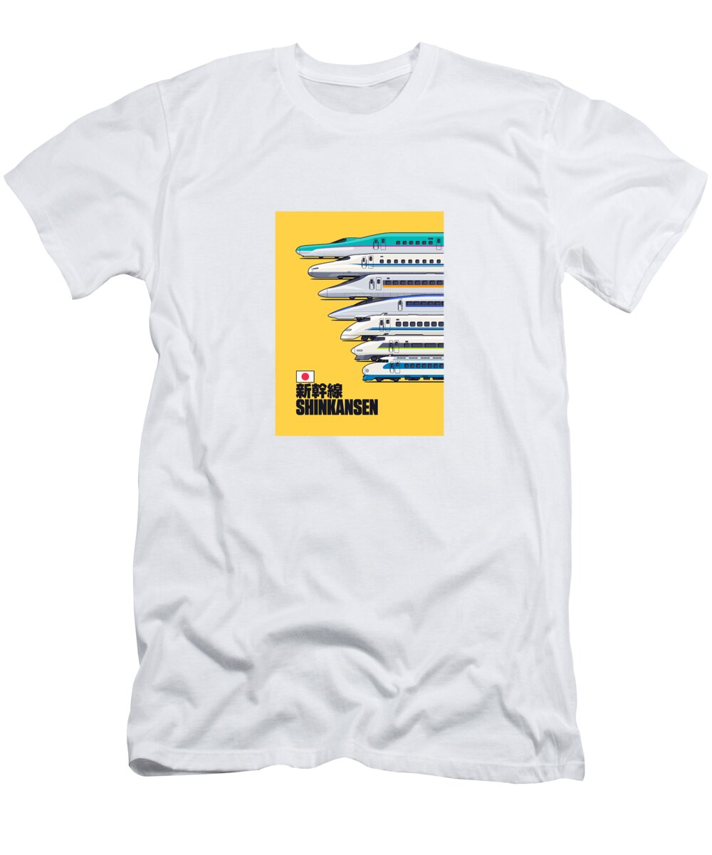Train T-Shirt featuring the digital art Shinkansen Bullet Train Evolution - Yellow by Organic Synthesis