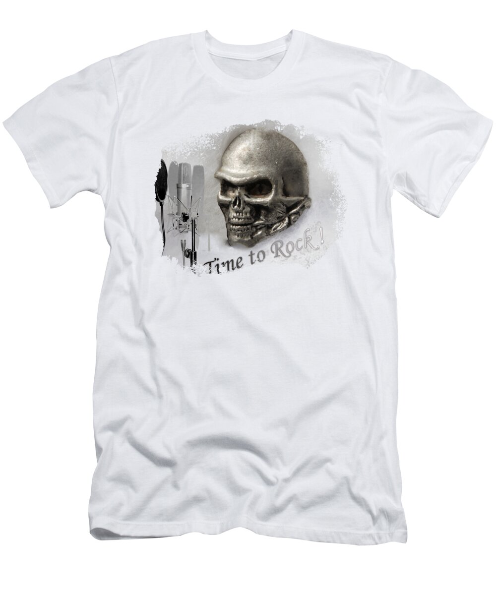 Silver T-Shirt featuring the digital art Silver metal skull with mic, rock music motivation by Tom Conway