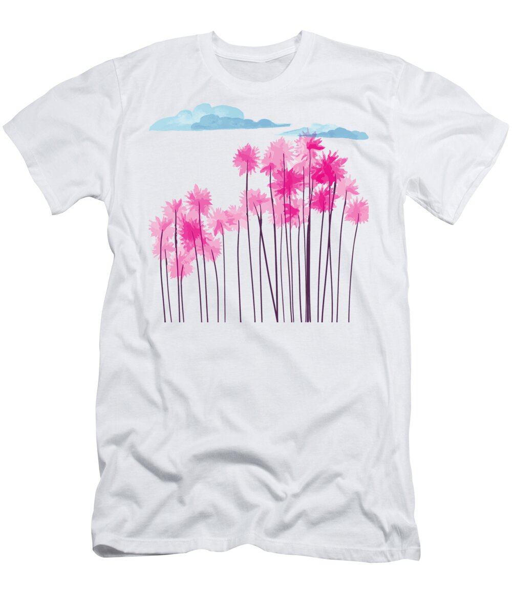 Cherry Blossoms T-Shirt featuring the drawing Skyscraper abstract pink watercolor flowers, gigantic flowers pattern, cloud drawing poster by Mounir Khalfouf