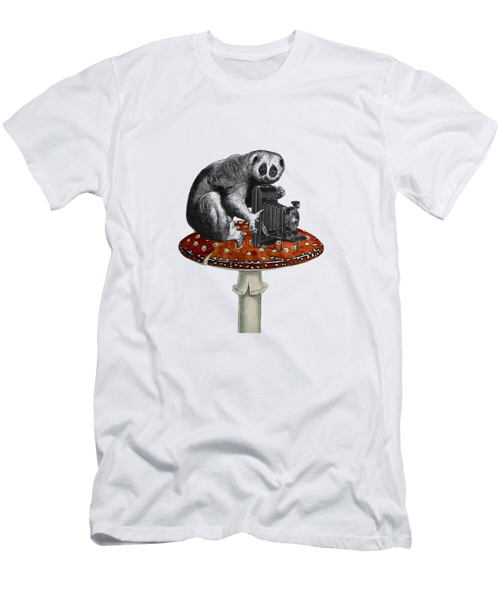 Slow Loris T-Shirt featuring the digital art Slow loris with antique camera by Madame Memento
