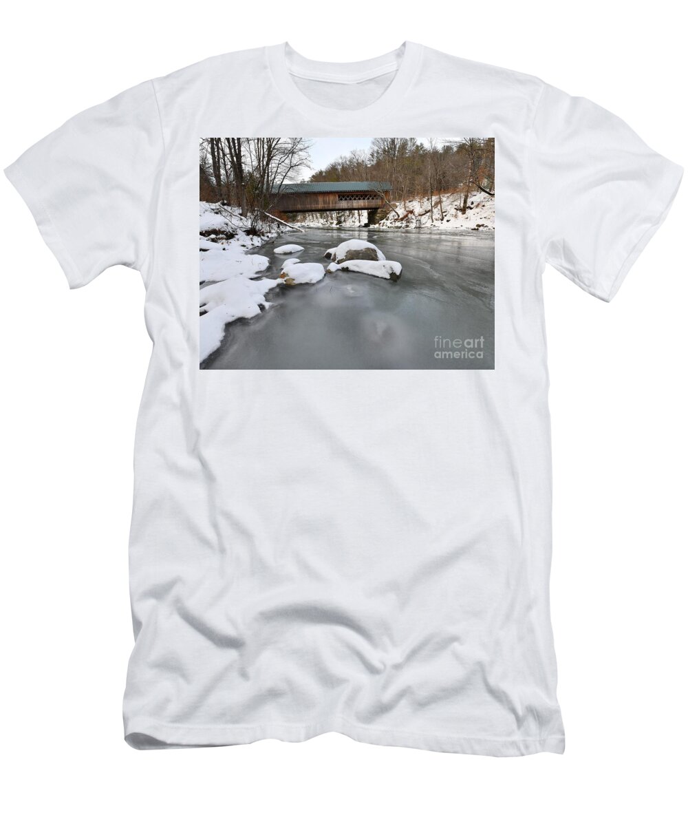 Snow T-Shirt featuring the photograph Snow and Ice Under the Bridge by Steve Brown