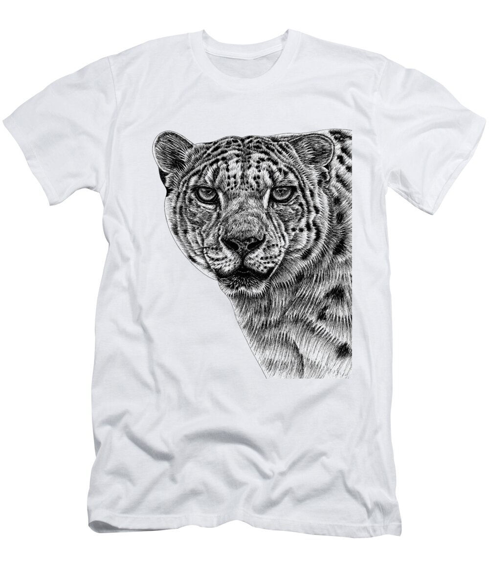 Leopard T-Shirt featuring the drawing Snow leopard portrait by Loren Dowding