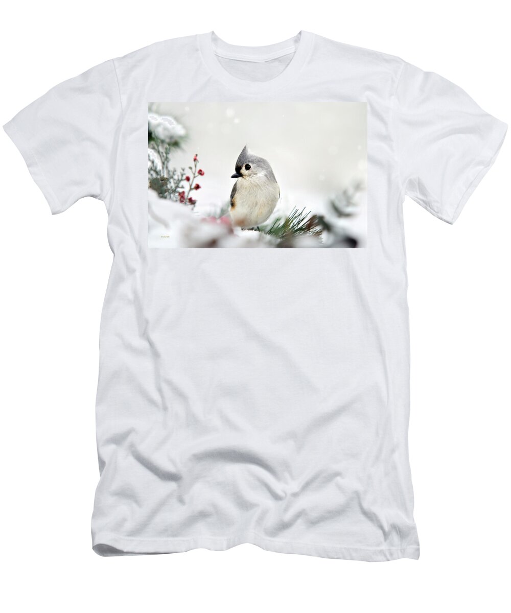 Birds T-Shirt featuring the photograph Snow White Tufted Titmouse by Christina Rollo