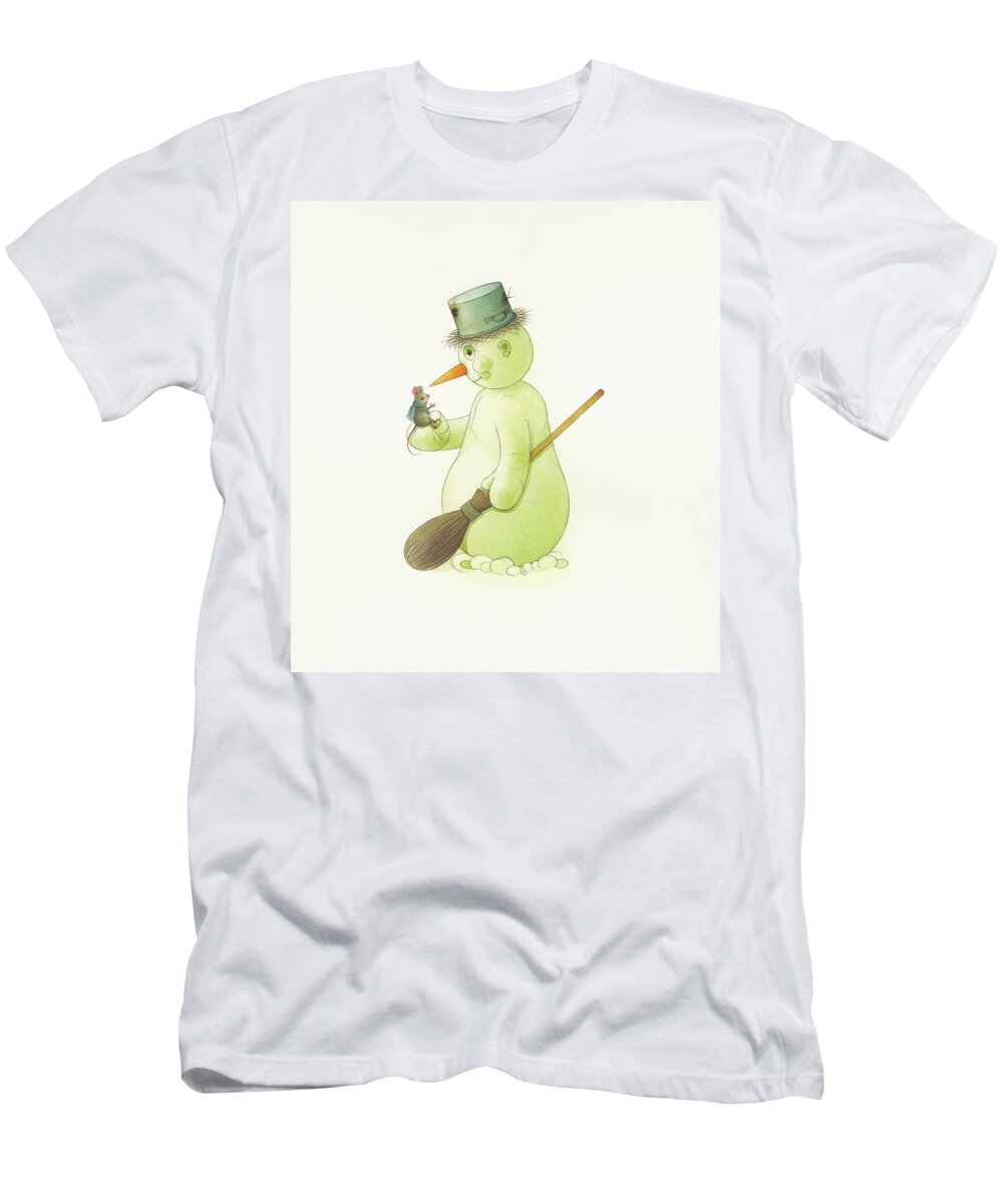 Snowman Snow Mouse Winter Christmas Holydays Christmascards T-Shirt featuring the drawing Snowman and Mouse by Kestutis Kasparavicius