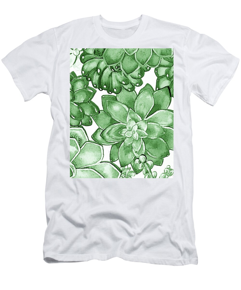 Succulent T-Shirt featuring the painting Soft Green Succulent Plants Garden Watercolor Interior Art VIII by Irina Sztukowski