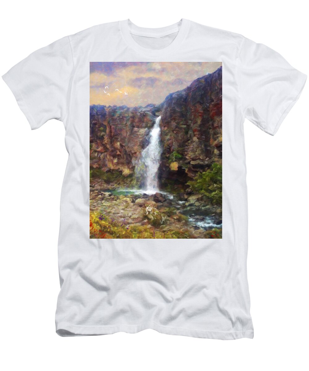 Landscape T-Shirt featuring the painting Southern Falls, New Zealand by Trask Ferrero