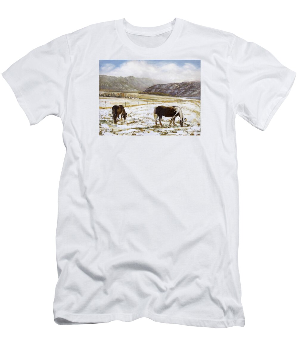 Horses T-Shirt featuring the painting Spring Grazing by Hone Williams