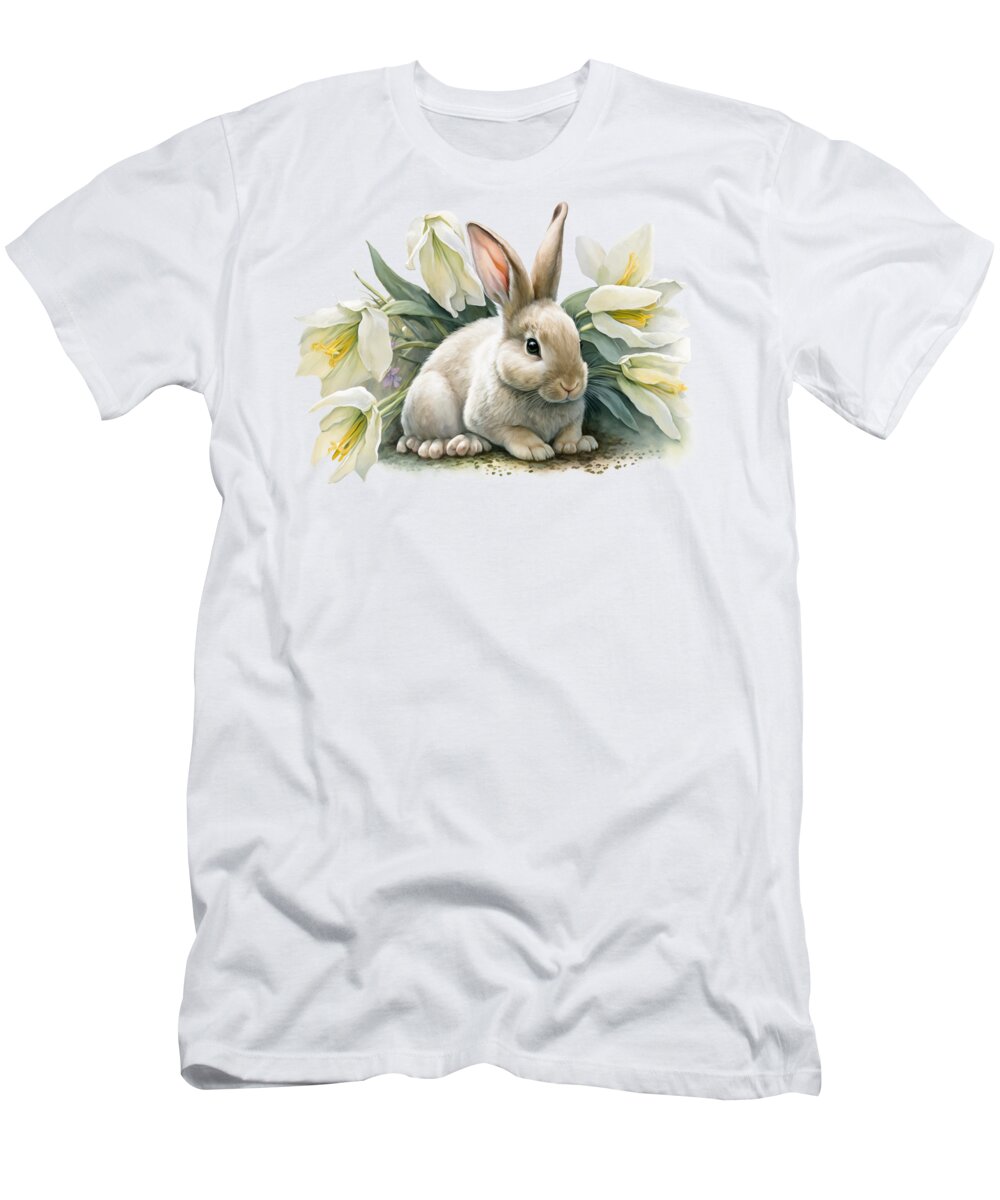 Easter Bunny T-Shirt featuring the digital art Springtime Delights - A Watercolour Easter Bunny and Lilies by John Twynam