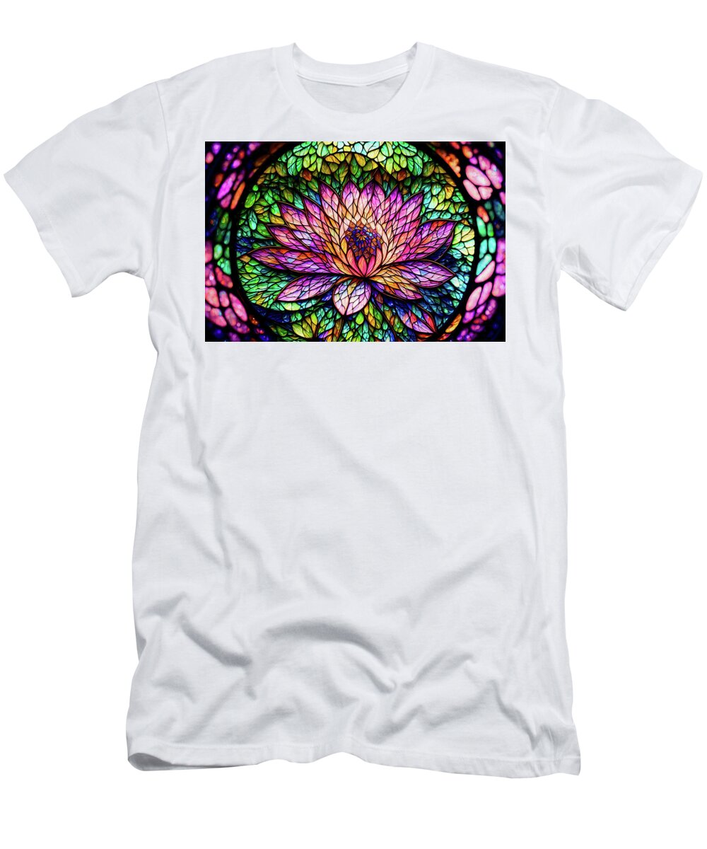 Lotus T-Shirt featuring the digital art Stained Glass Lotus by Peggy Collins