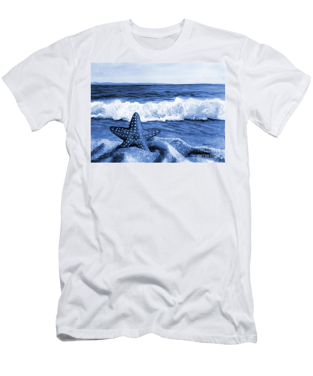 Starfish T-Shirt featuring the painting Starfish and Sea Wave in Blue by Hailey E Herrera