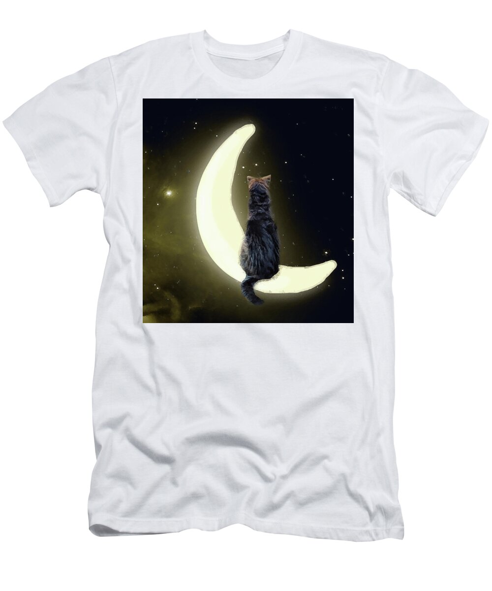 Stargazer T-Shirt featuring the digital art Stargazer-Dog Sitting on a Crescent Moon by Shelli Fitzpatrick