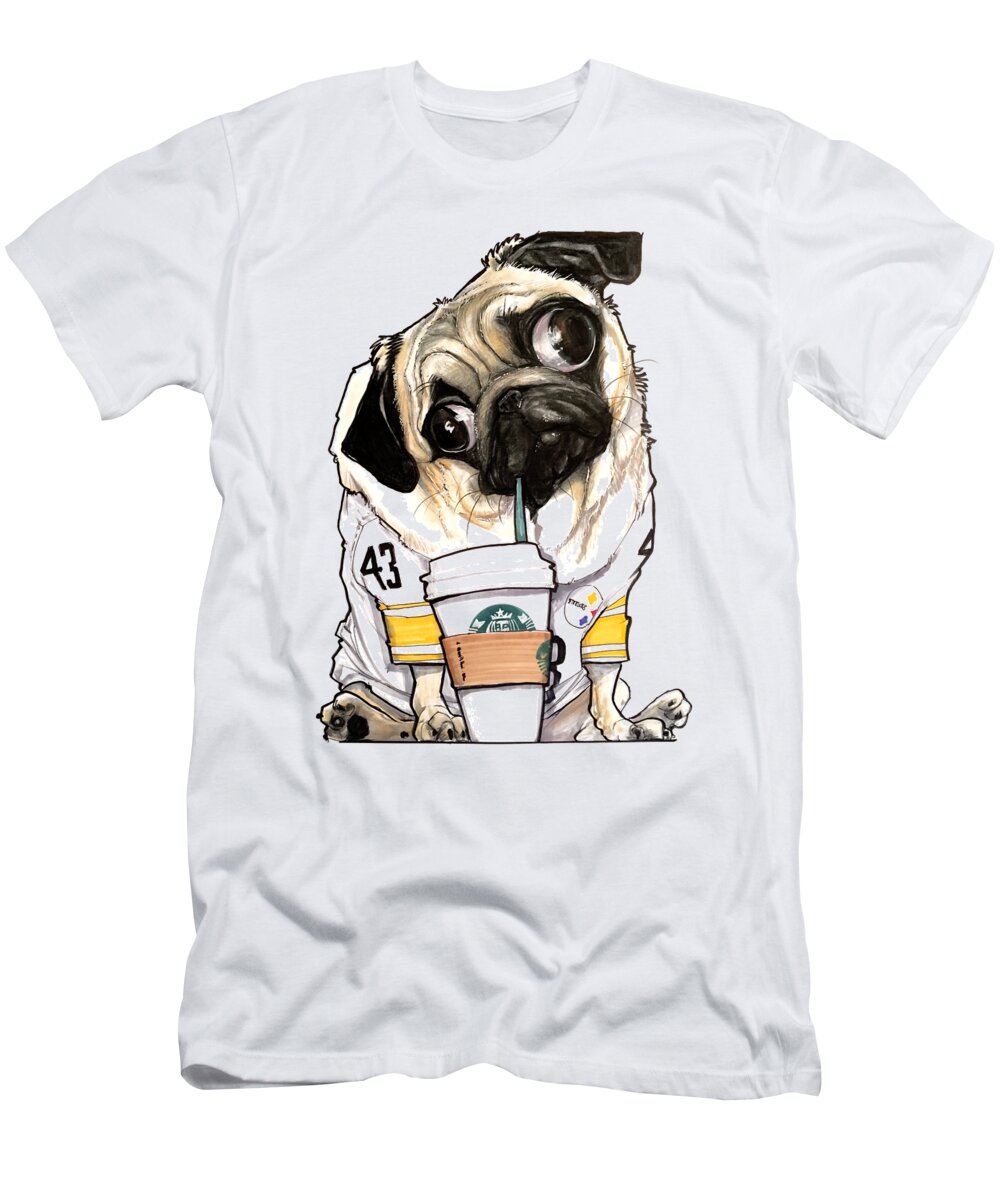 Pug T-Shirt featuring the drawing Steelers Starbucks Pug by Canine Caricatures By John LaFree