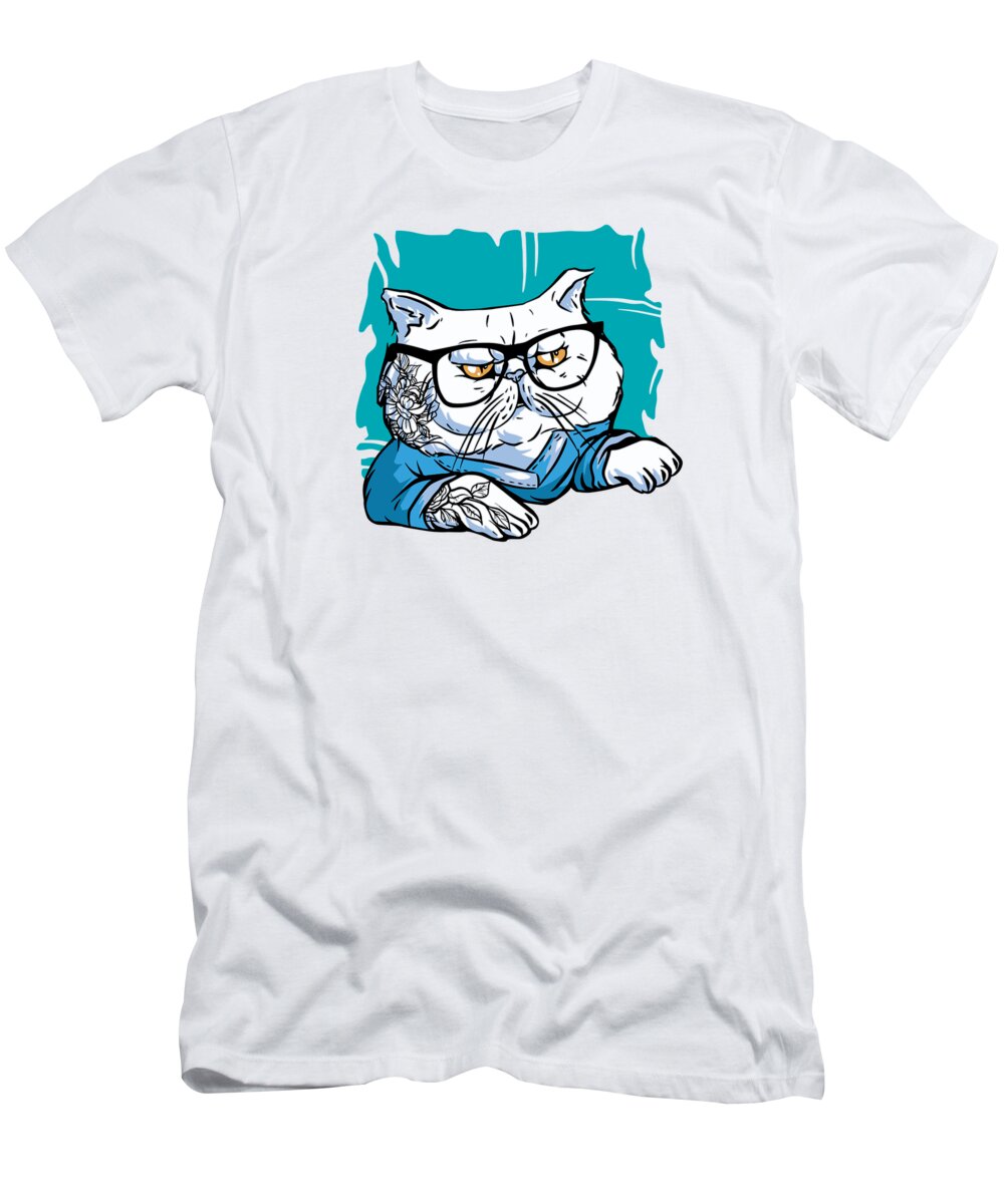 Cat T-Shirt featuring the digital art Stylish Nerd Persian Cat Beanie Glasses Tattoo by Toms Tee Store