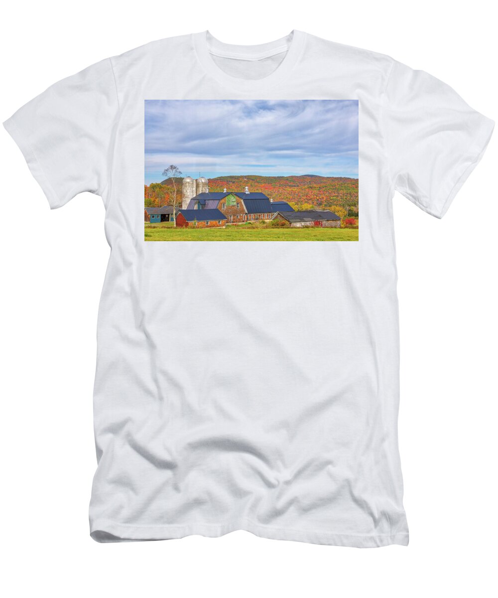 Sugar Hill Farm T-Shirt featuring the photograph Sugar Hill Farm and Fall Foliage in the New Hampshire White Mountains by Juergen Roth
