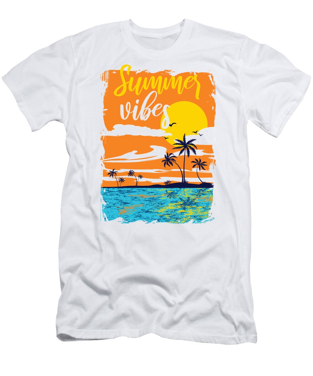 Colorful T-Shirt featuring the digital art Summer Vibes Tropical Sunset Palm Trees by Jacob Zelazny