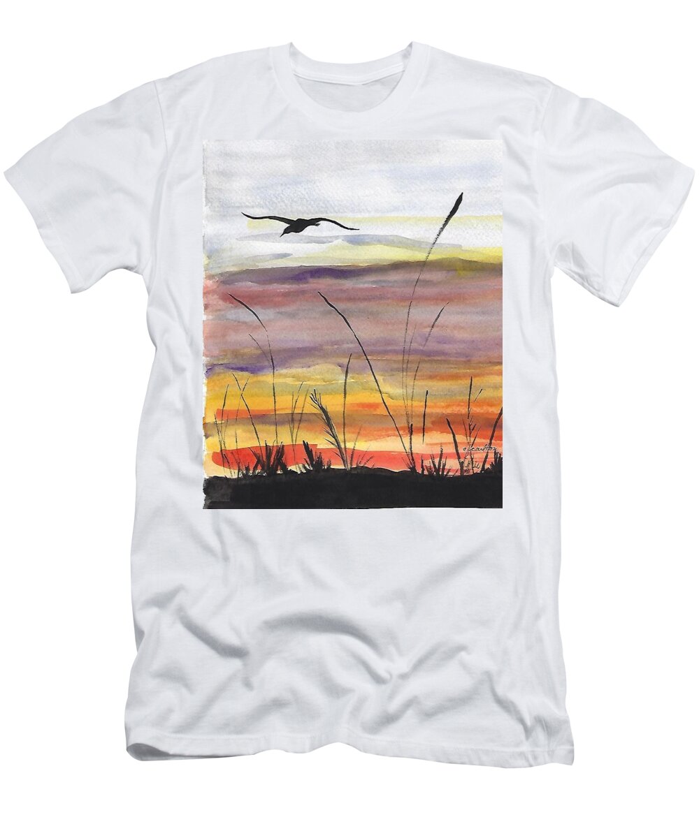 Sunset T-Shirt featuring the painting Sunset Bird by Claudette Carlton