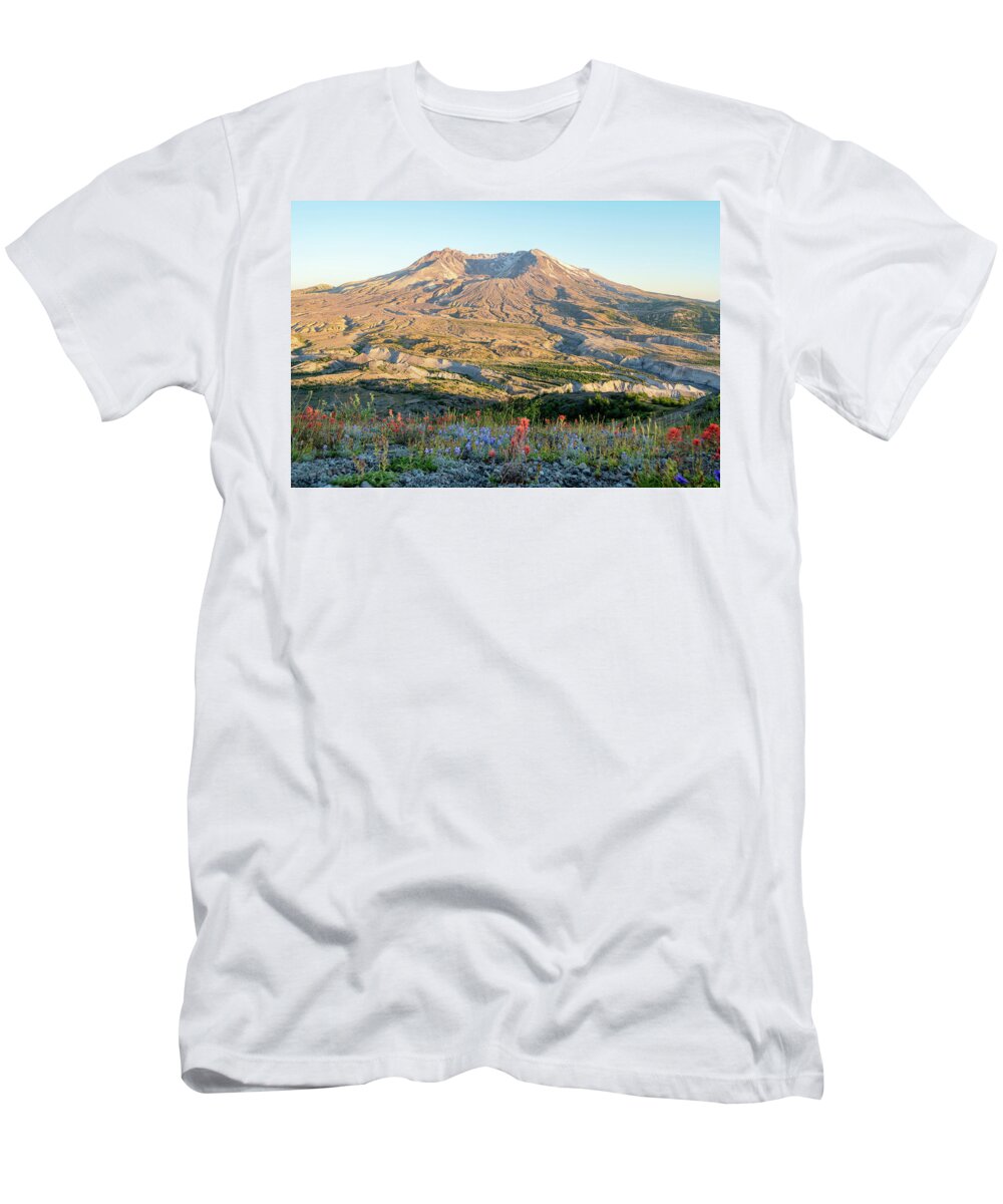Outdoor; Hiking; Johnston Ridge; Flowers; Summer; Mountains; Craters; Mt St. Helens T-Shirt featuring the digital art Sunset in St. Helens by Michael Lee