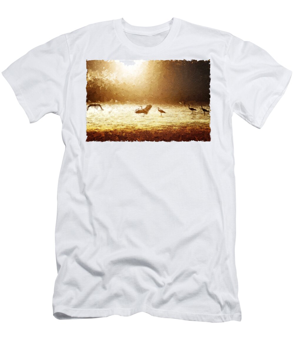Sunset T-Shirt featuring the painting Sunset on pond with heron bird oil by Gregory DUBUS