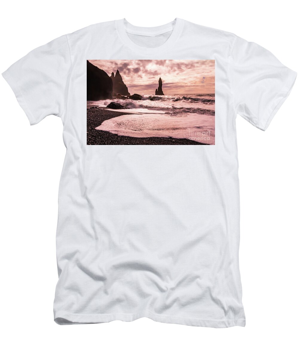 Reynisfjara T-Shirt featuring the photograph Sunset on the Reynisfjara black sand beach, Iceland by Lyl Dil Creations