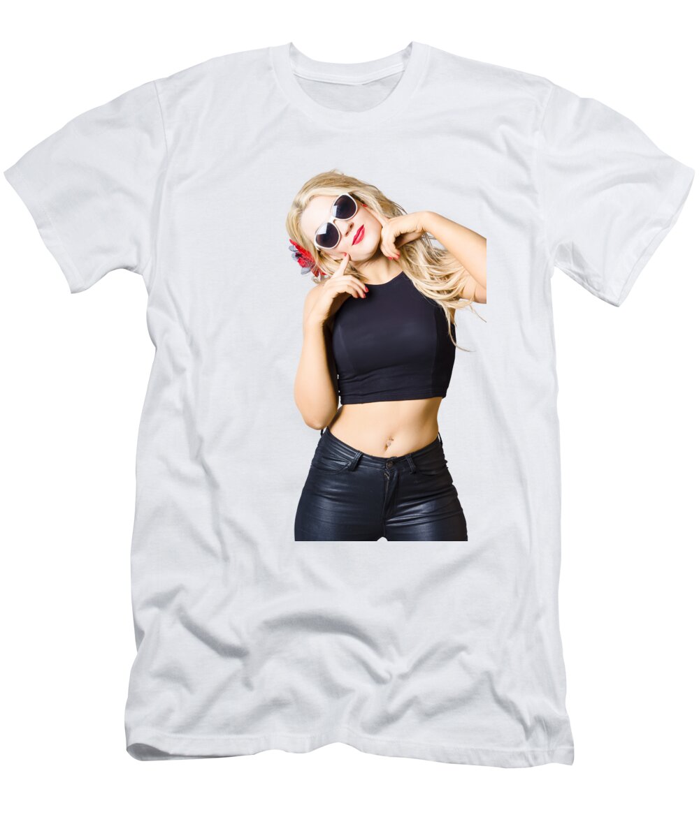 Girl T-Shirt featuring the photograph Surprised pinup woman isolated on studio backgrond by Jorgo Photography