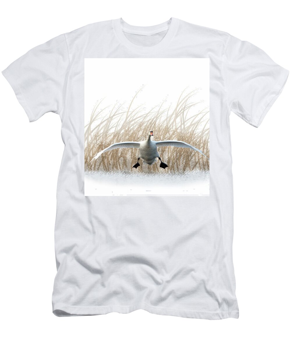 Swan T-Shirt featuring the mixed media Swan landing by Tony Mills