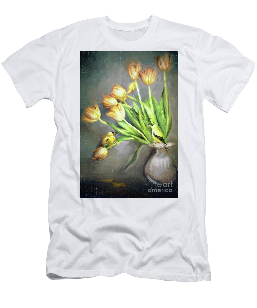 American Goldfinches T-Shirt featuring the painting Sweet Goldfinches by Tina LeCour