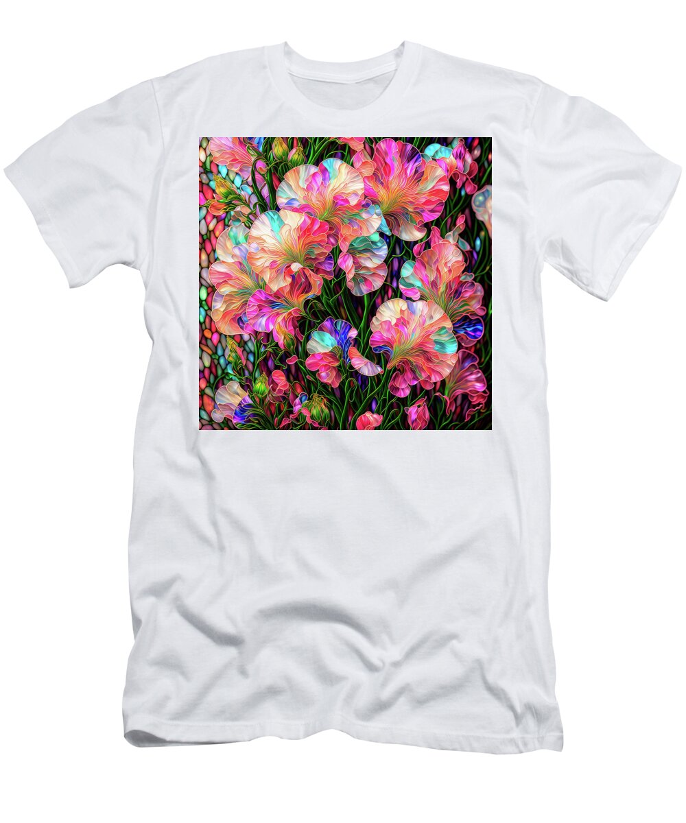 Sweet Peas T-Shirt featuring the digital art Sweet Peas - Stained Glass by Peggy Collins