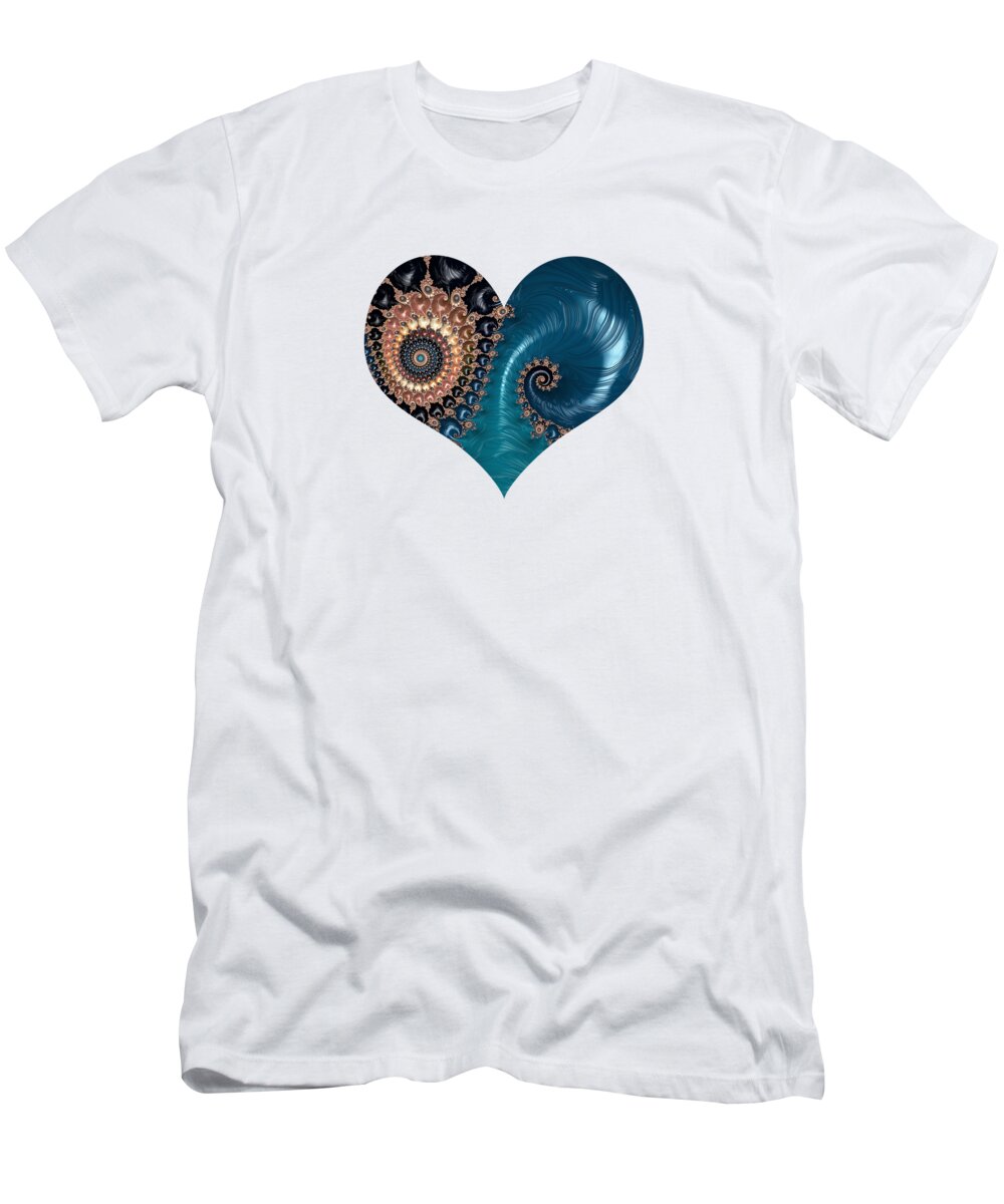 Teal T-Shirt featuring the digital art Swirling Spirals in Teal and Copper by Elisabeth Lucas