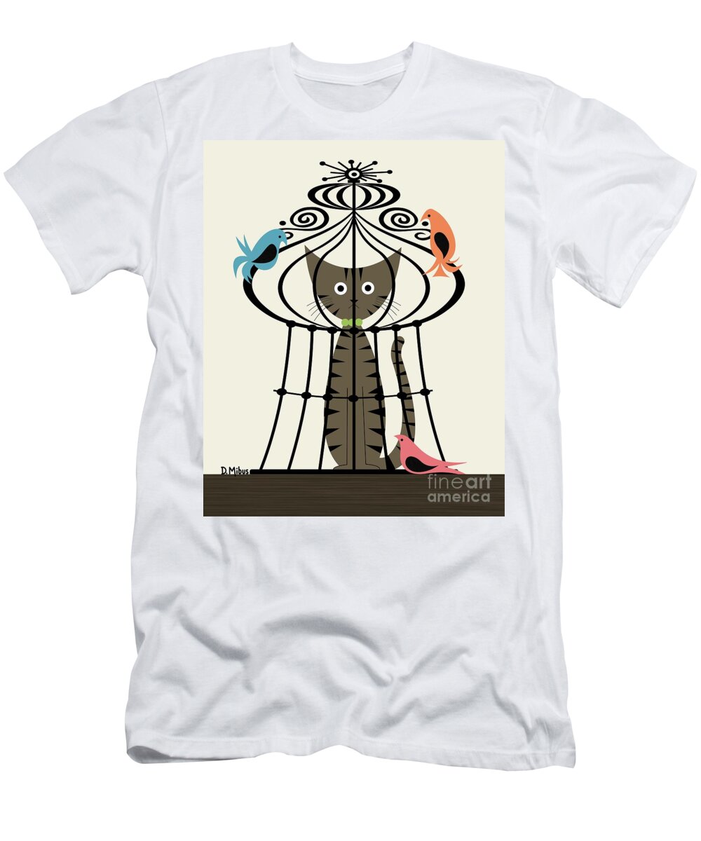 Mid Century Cat T-Shirt featuring the digital art Tabby Cat in Bird Cage by Donna Mibus