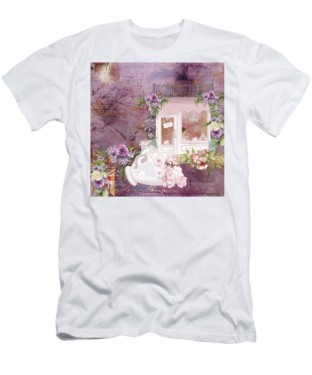 Nickyjameson T-Shirt featuring the mixed media Tea Shop Times by Nicky Jameson