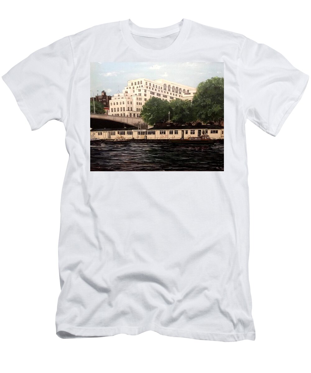 London T-Shirt featuring the painting Thames Police Floating Police Station At Waterloo Bridge, London by Mackenzie Moulton