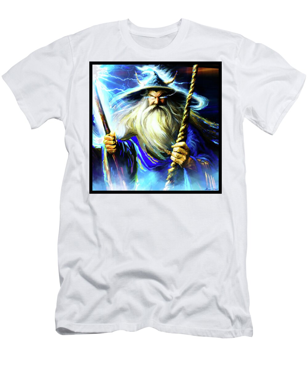 Blue T-Shirt featuring the mixed media The Blue Wizard by Shawn Dall