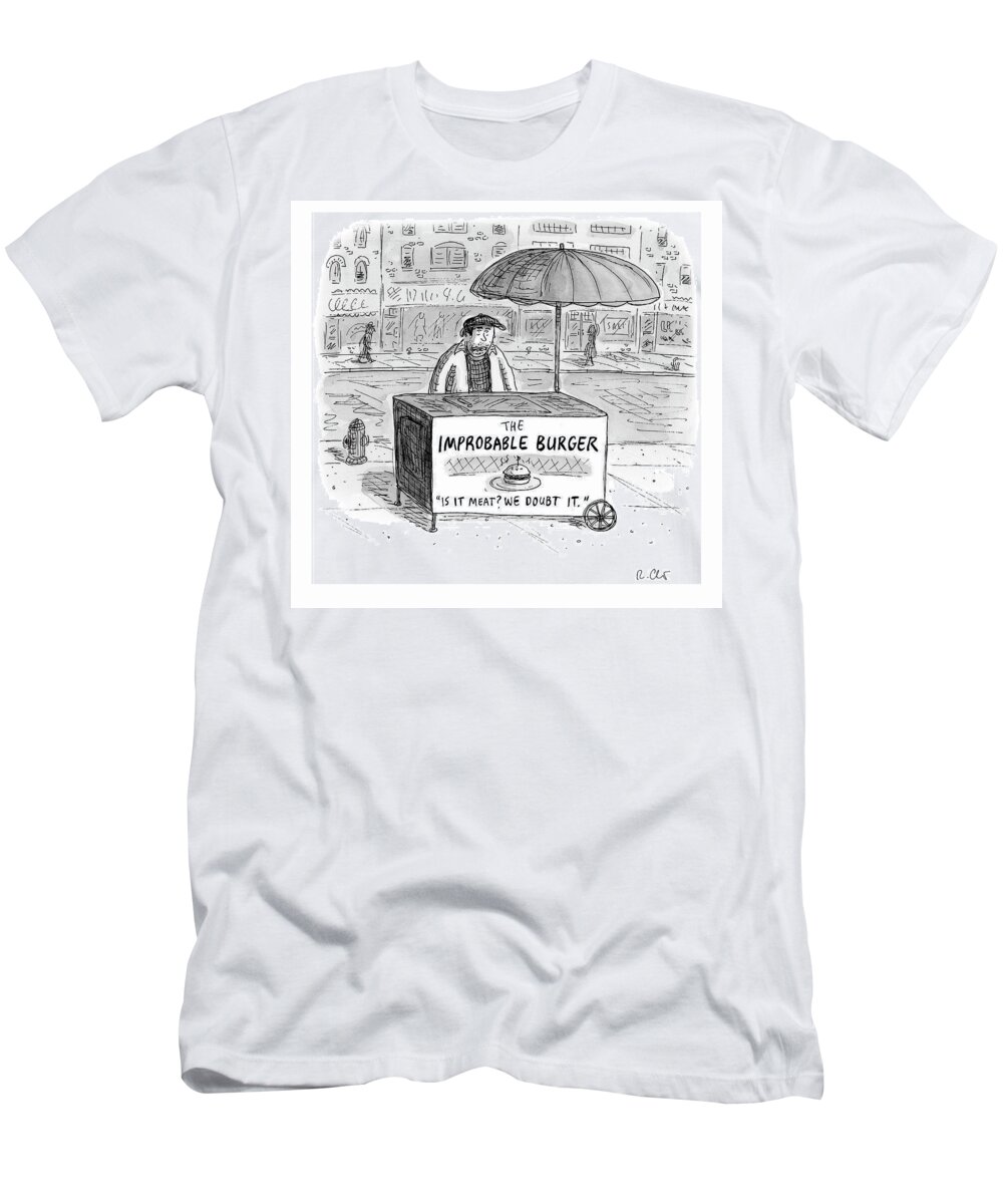 Captionless T-Shirt featuring the drawing The Improbable Burger by Roz Chast