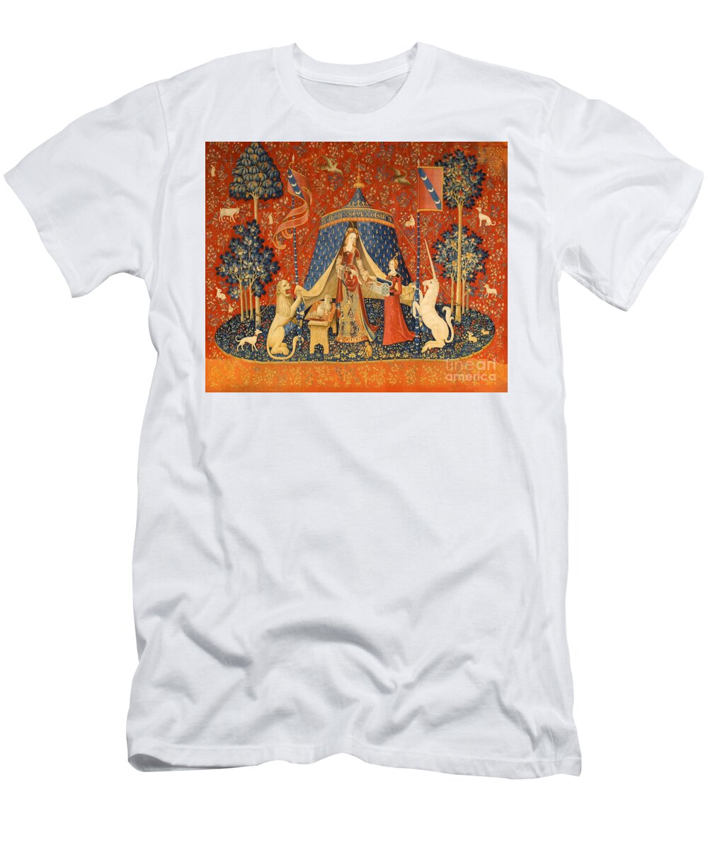 The Lady And The Unicorn Tapestry T-Shirt featuring the tapestry - textile The Lady and the Unicorn - Desire by Unknown