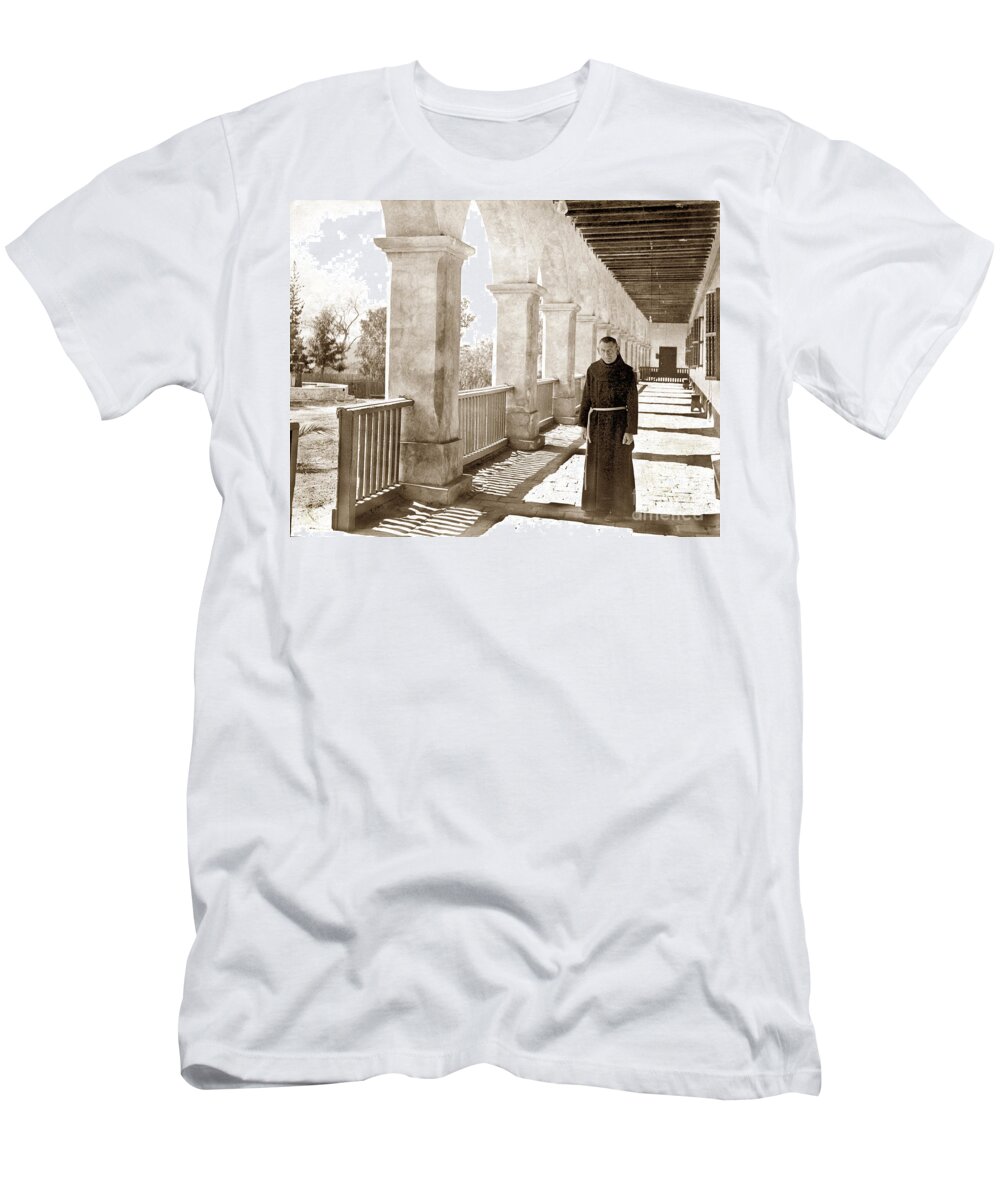 Outer Corridor T-Shirt featuring the photograph The Outer Corridor, Santa Barbara Mission 1900 by Monterey County Historical Society