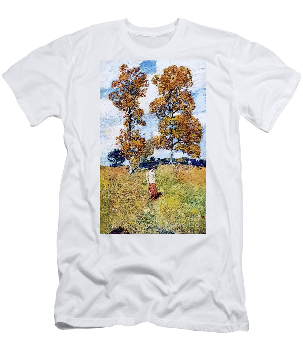 American T-Shirt featuring the painting The Two Hickory Trees by Childe Hassam 1919 by Childe Hassam