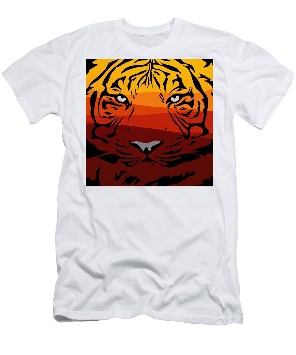 Drawing T-Shirt featuring the drawing Tiger pattern animal design flat texture colorful landscape safari sihouette red yellow orange color by Mounir Khalfouf