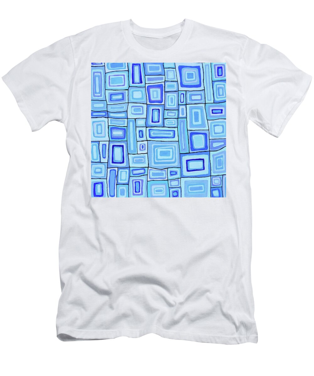 Colorful Abstract Painting T-Shirt featuring the painting TIMES SQUARED BLUES Abstract of Squares in Blue Navy Indigo Aqua Lavender Cubism by Lynnie Lang