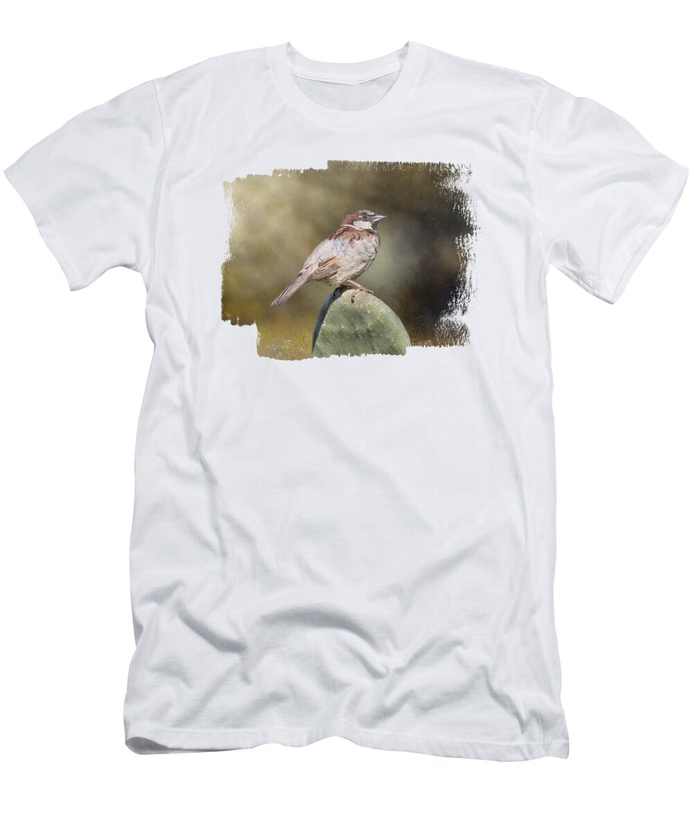 Sparrow T-Shirt featuring the photograph Tiny Sparrow on Cactus by Elisabeth Lucas