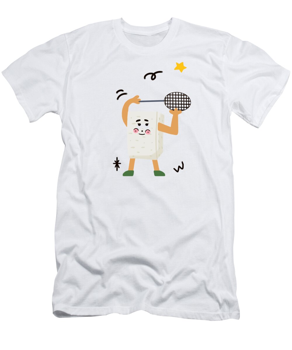 Tofu，bean Curd T-Shirt featuring the drawing Tofu loves playing badminton by Min Fen Zhu