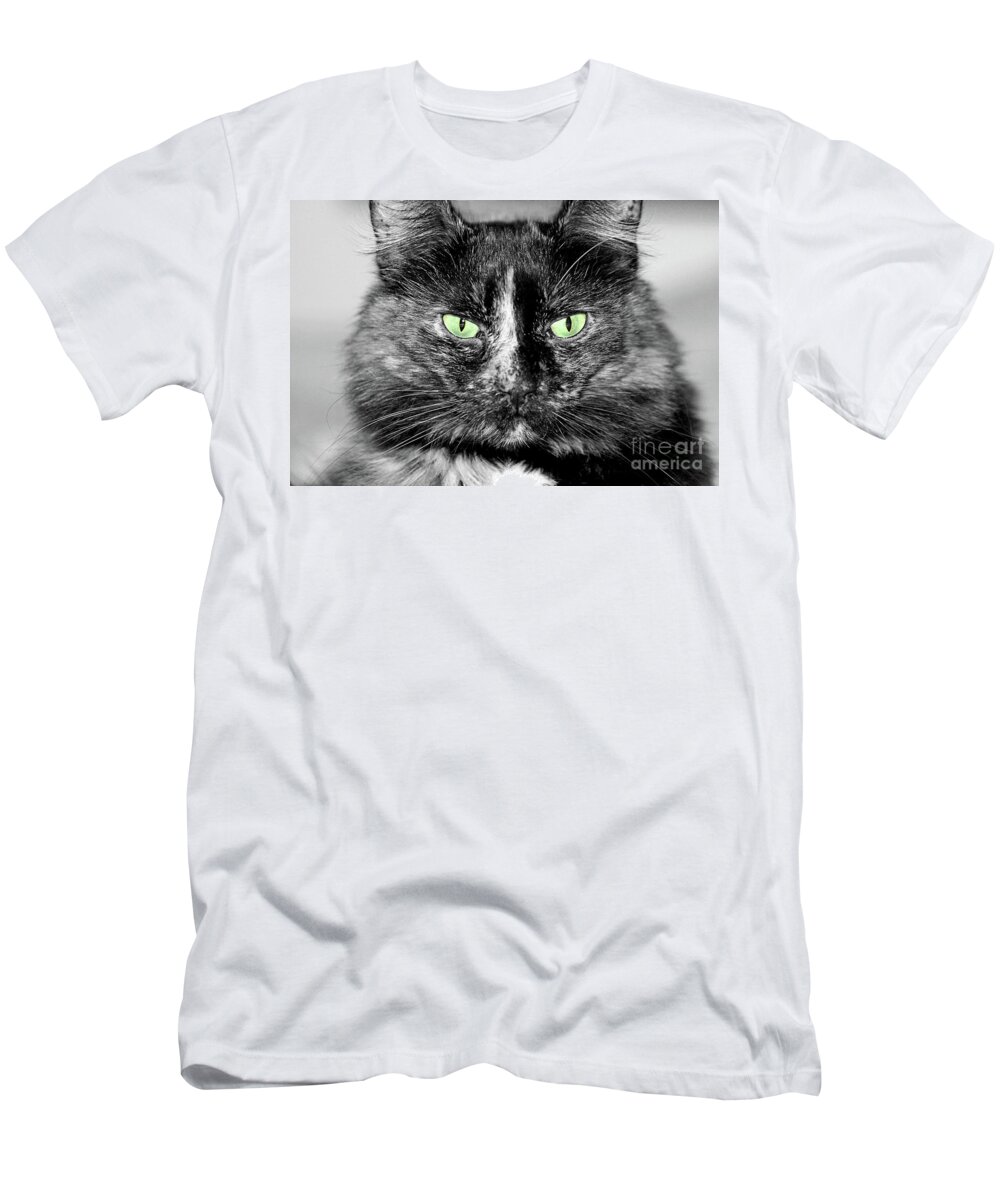 Cat; Torti; Tortoiseshell; Torti Cat; Tortoiseshell Cat; Stare; Eyes; Attitude; Catitude; Tortitude; Black And White; Green; Selective Color; Photography; Macro; Close-up; Portrait; Horizontal T-Shirt featuring the digital art Tortitude with Green Eyes by Tina Uihlein