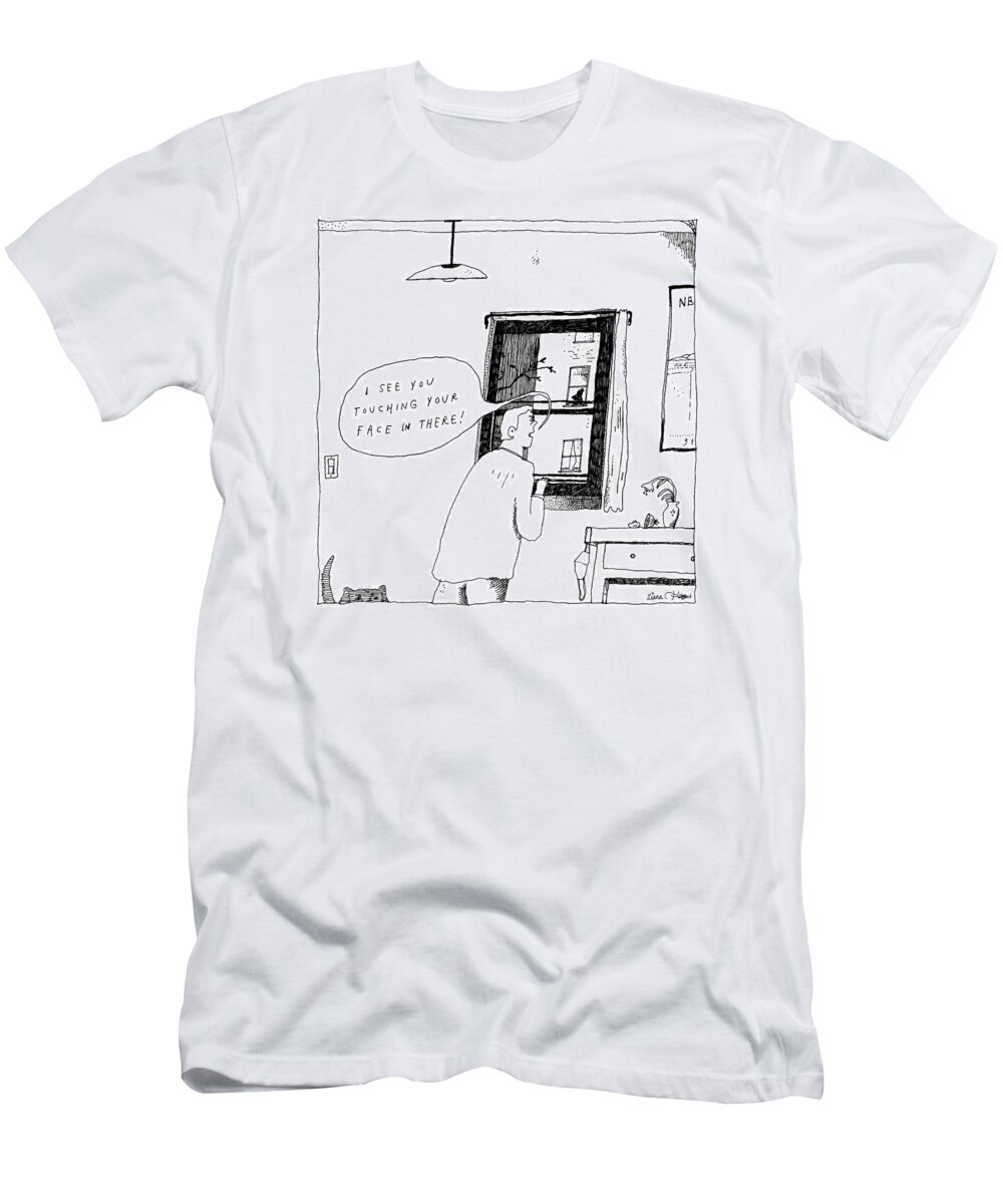 Captionless T-Shirt featuring the drawing Touching Your Face by Liana Finck