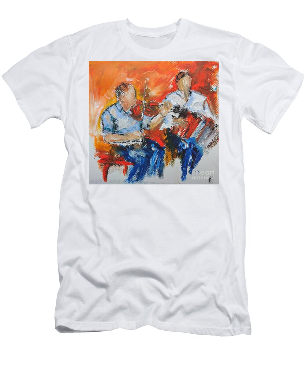 Galway Ireland T-Shirt featuring the painting Traditional music paintings by Mary Cahalan Lee - aka PIXI