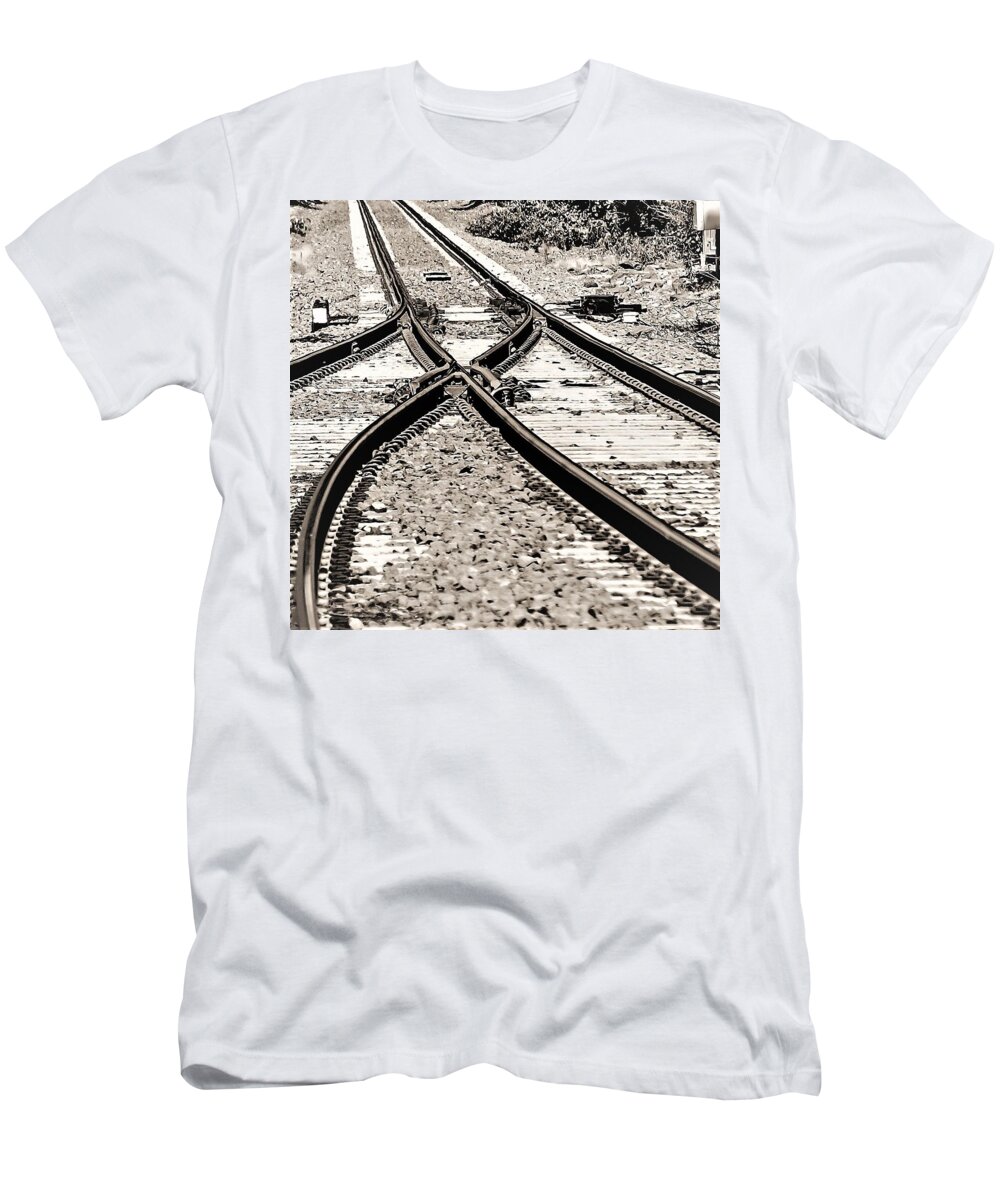 Train Tracks Rr Rail Road Stone B&w T-Shirt featuring the photograph Train Tracks2 by John Linnemeyer