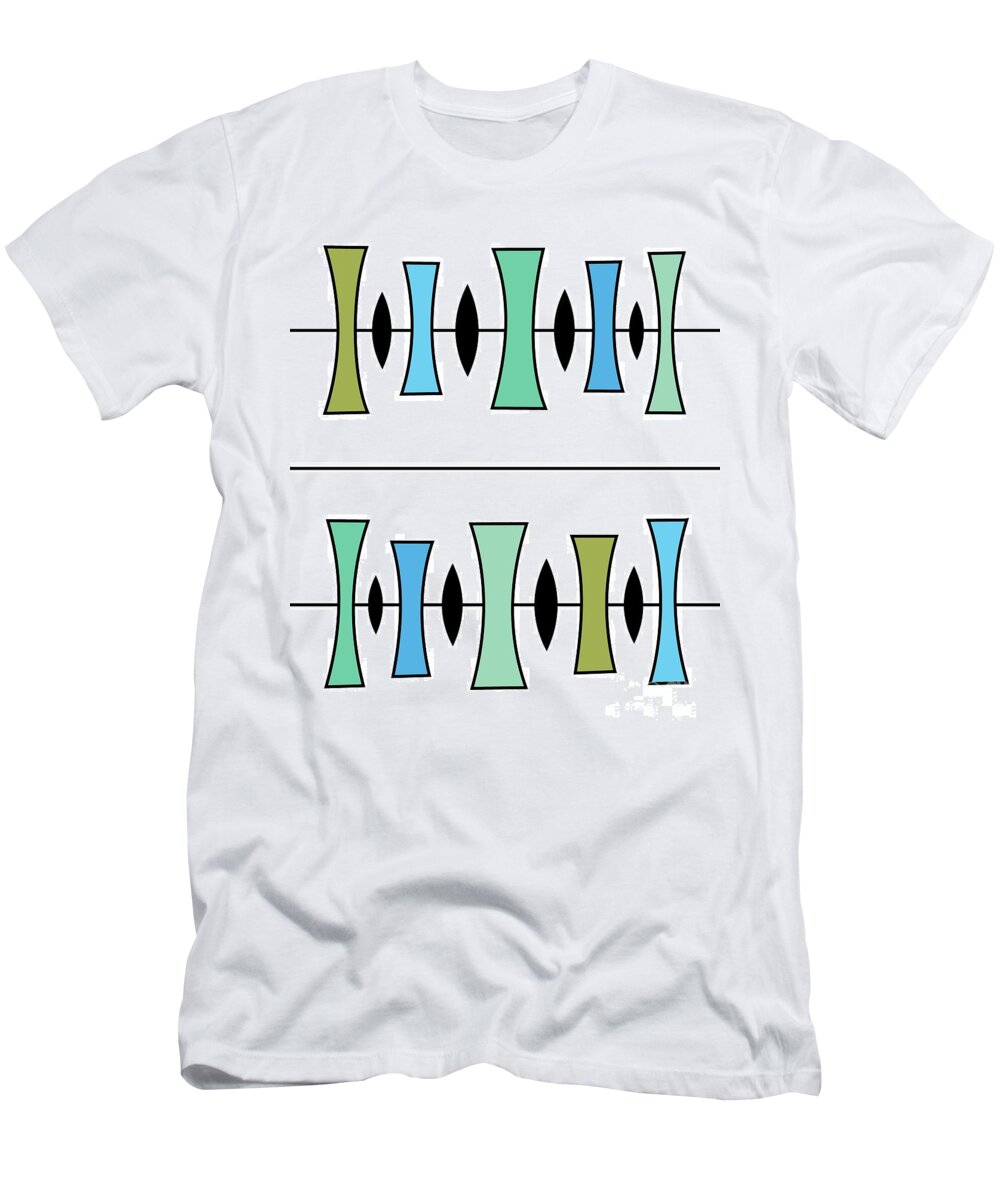 Mid Century Modern T-Shirt featuring the digital art Trapezoids in Green, Blue and Aqua by Donna Mibus