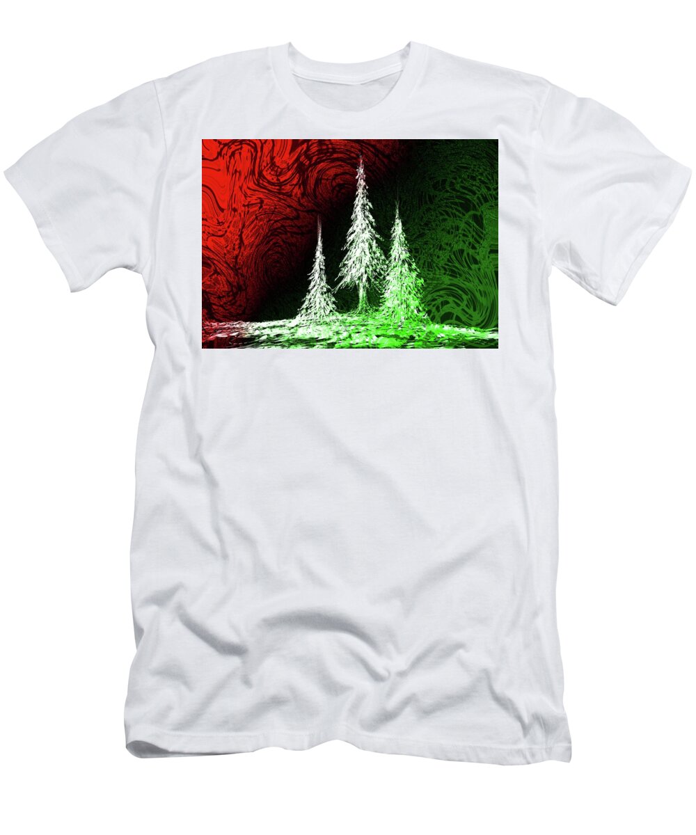 Christmas Card T-Shirt featuring the digital art Tree Trio by Kris Haney Sirk Designs Ltd