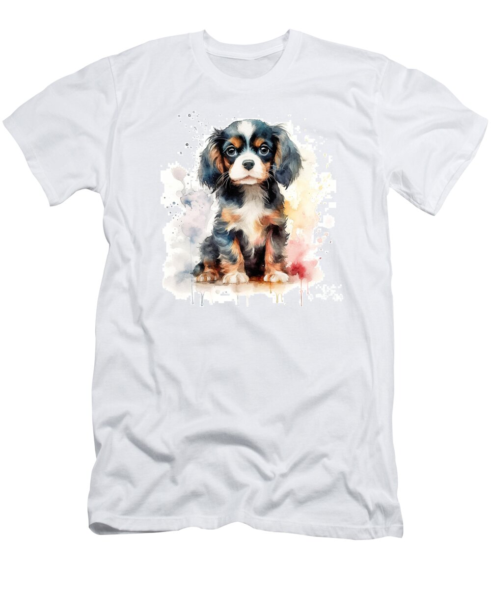 Cavalier King Charles Spaniel T-Shirt featuring the digital art Tricolour Cavalier King Charles spaniel puppy on a white background. Cute digital watercolour for dog lovers. by Jane Rix