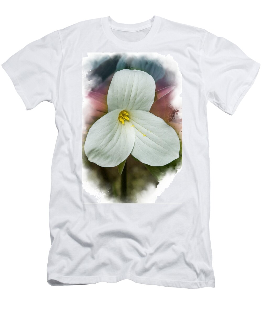 Spring T-Shirt featuring the mixed media Trillium by Moira Law