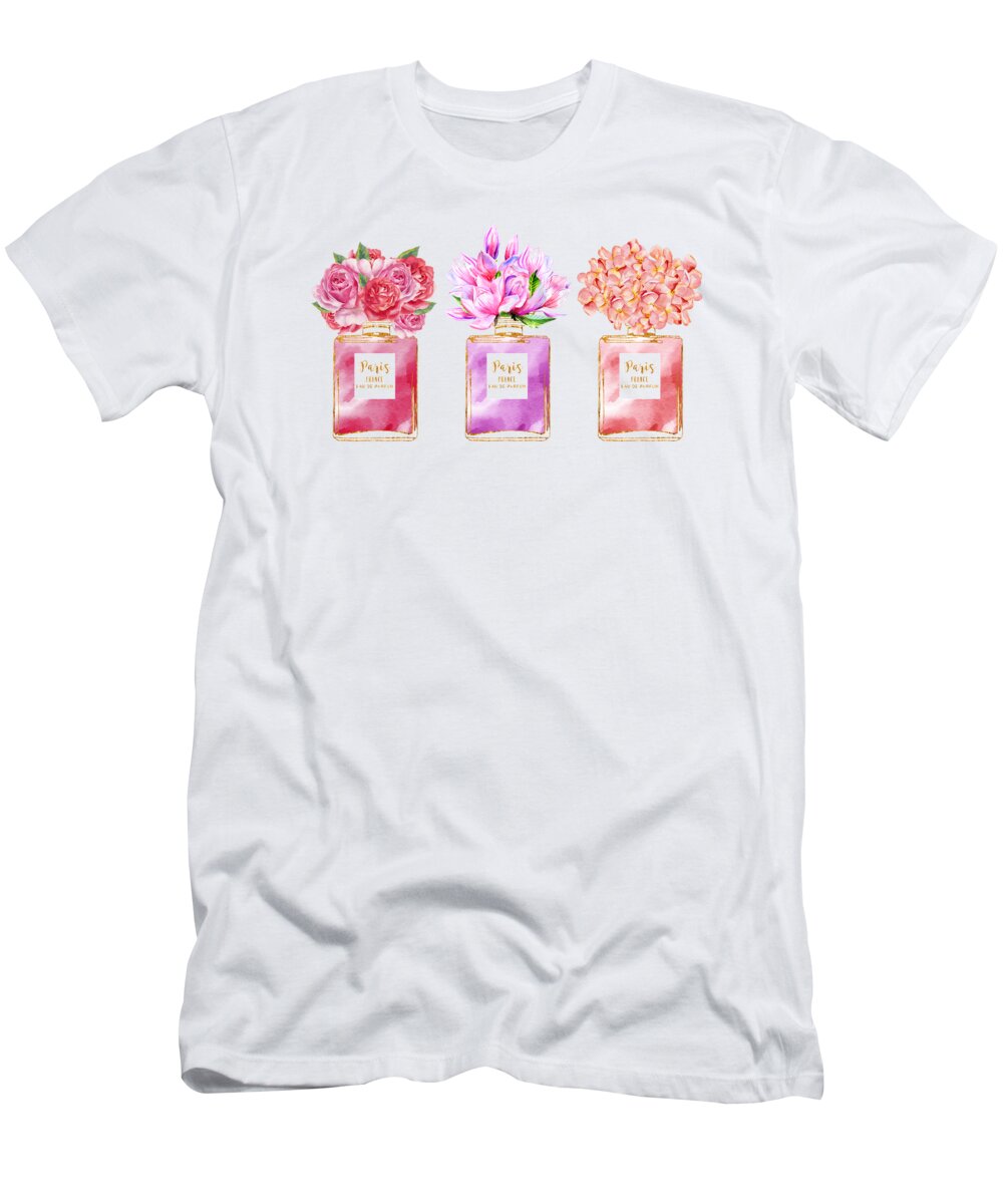 Fashion T-Shirt featuring the digital art Trio floral perfume bottle watercolor by Mihaela Pater