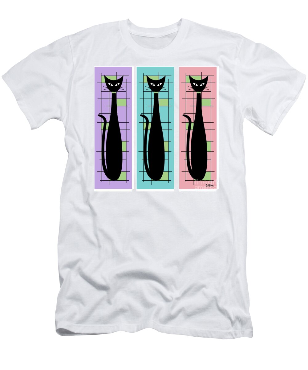 Mid Century Modern T-Shirt featuring the digital art Trio of Cats Purple, Blue and Pink on White by Donna Mibus